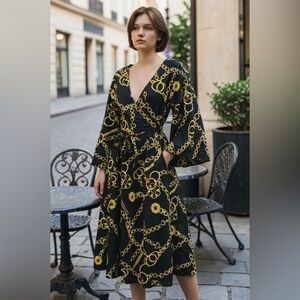 NAVY BLUE & GOLD CHAIN LINK 100% COTTON ONE SIZE WRAP DRESS EXC COND BELL SLEEVE